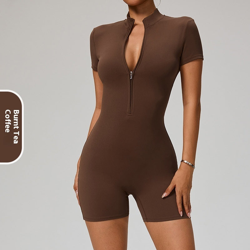 Zipper Short Sleeve Yoga Jumpsuit Women's Sports Jumpsuit